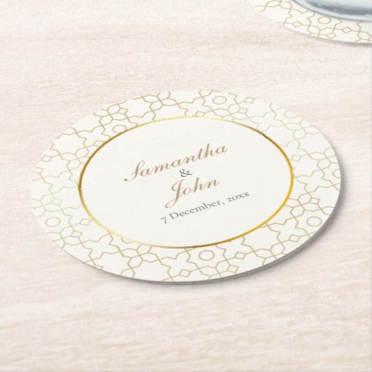 Gold Geometric Art Deco Pattern Wedding Runder Pappuntersetzer (Angewinkelt)