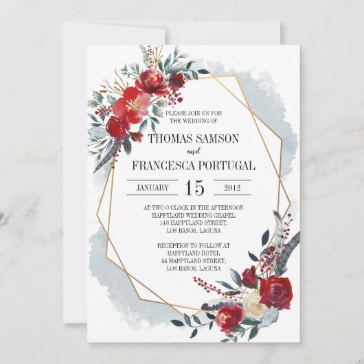 Gold Geometric Boho Floral Wedding Einladung (Vorderseite)