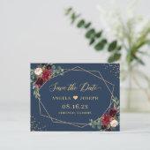 Gold Geometric Burgundy Navy Floral Save the Date Postkarte (Stehend Vorderseite)