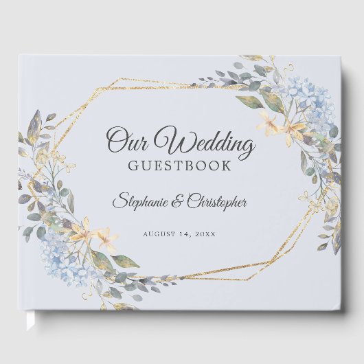 Gold Geometric Dusty Blue Florals Wedding Gästebuch (Vorderseite)