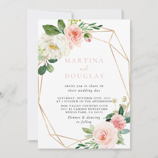 Gold Geometric Fall Blume Back & Front Hochzeit Einladung (Vorderseite)