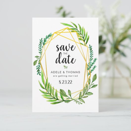 Gold Geometric Foliage Wedding Save the Date Card (Stehend Vorderseite)