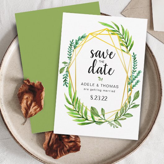 Gold Geometric Foliage Wedding Save the Date Card