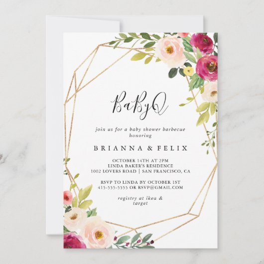 Gold Geometric Greenery BabyQ Baby Duschgrill Einladung (Vorderseite)