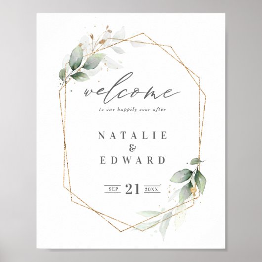 gold geometric watercolor greenery wedding poster (Vorne)