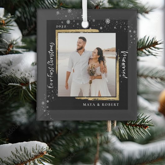 Gold Gerahmtes Foto Unser erstes Weihnachtsfest Ve Ornament Aus Glas