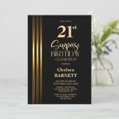 Gold gestreifte schwarze 21. Überraschungs-Geburts Einladung (Stehend Vorderseite)