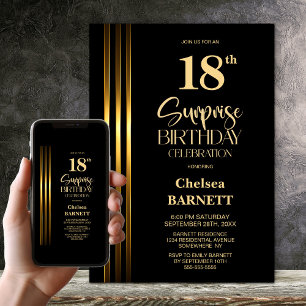 Gold gestreifte schwarze Überraschungsparty zum 18 Einladung