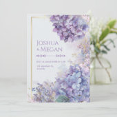 Gold Gilded Periwinkle Hydrangea Frame Wedding Einladung (Stehend Vorderseite)