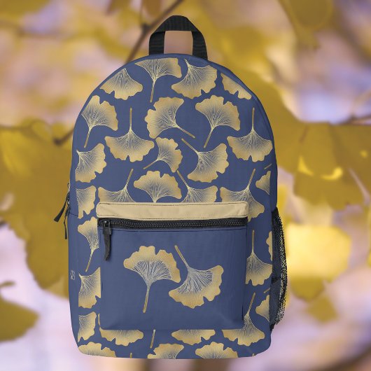Gold Gingko Blätter auf Slate Blue Monogram Bedruckter Rucksack
