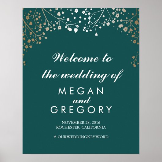 Gold Gipskraut Aquamarin Wedding Willkommenszeiche Poster (Vorne)