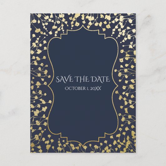 Gold Gipskraut Bläserblauer Rett Datum Ankündigungspostkarte (Vorderseite)