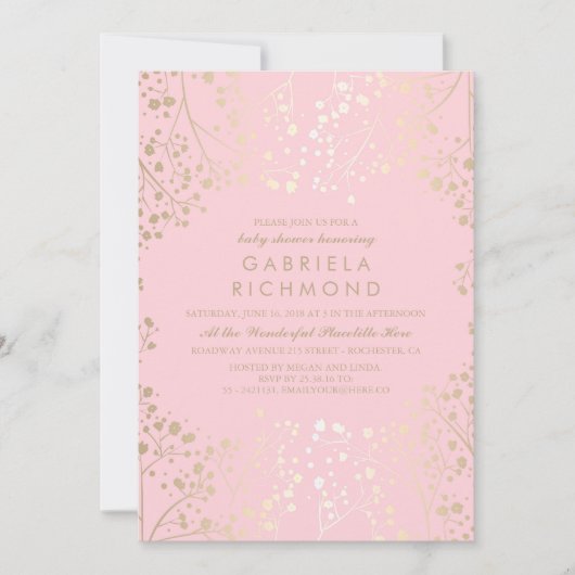 Gold Gipskraut Elegante Rosa Babydusche Einladung (Vorderseite)