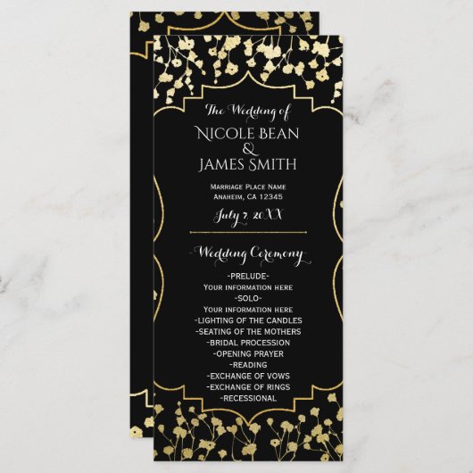 Gold Gipskraut Floral Black Wedding Program Programm (Vorne/Hinten)