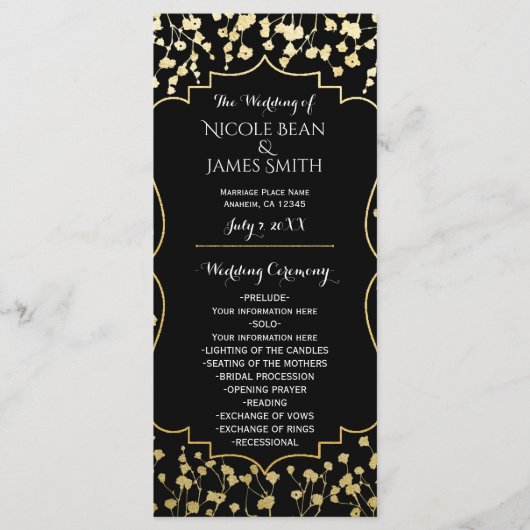 Gold Gipskraut Floral Black Wedding Program Programm (Vorderseite)