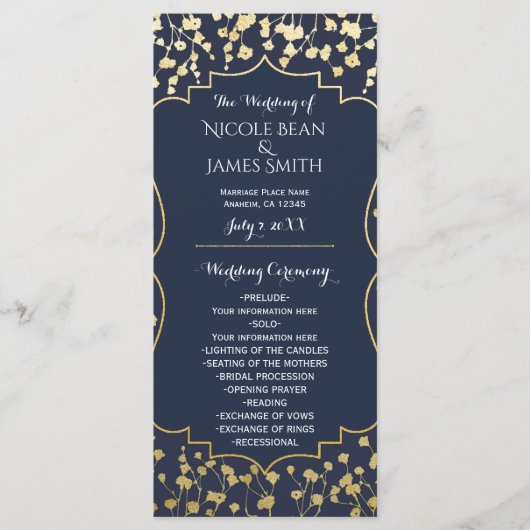 Gold Gipskraut Floral Blue Wedding Program Programm (Vorderseite)