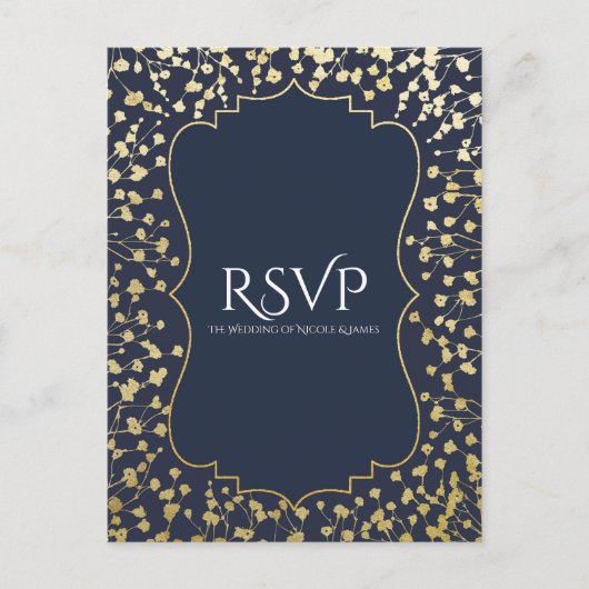 Gold Gipskraut Floral Blue Wedding RSVP Einladungspostkarte (Vorderseite)