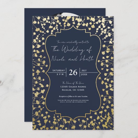Gold Gipskraut Floral Rustic Blue Wedding Einladung (Vorne/Hinten)