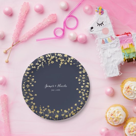 Gold Gipskraut Floral Rustic Blue Wedding Pappteller (Party)