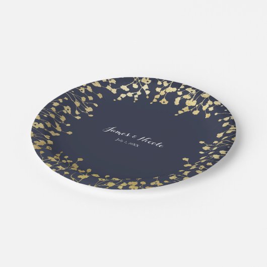 Gold Gipskraut Floral Rustic Blue Wedding Pappteller (Schrägansicht)