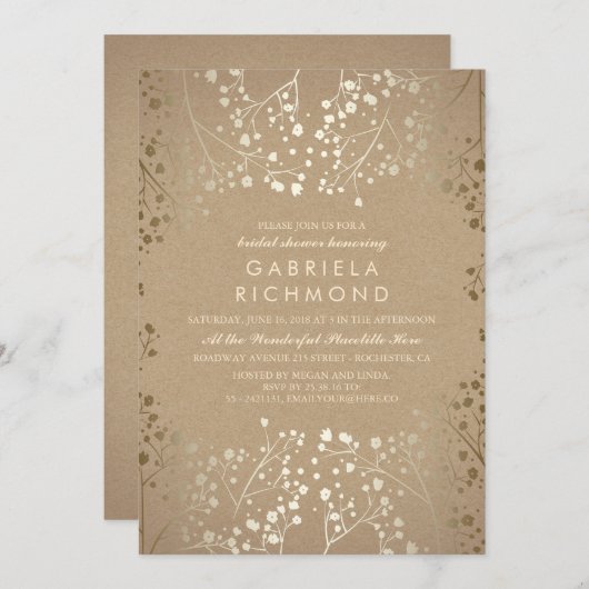 Gold Gipskraut Kraft Brautparty Einladung (Vorne/Hinten)