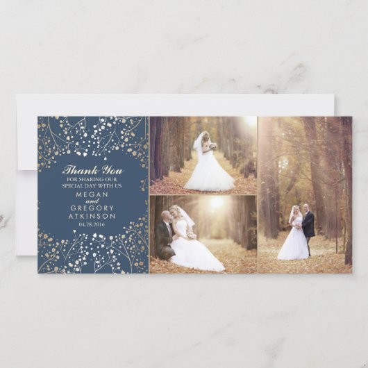 Gold Gipskraut Navy Hochzeit Foto Vielen Dank Dankeskarte (Vorderseite)