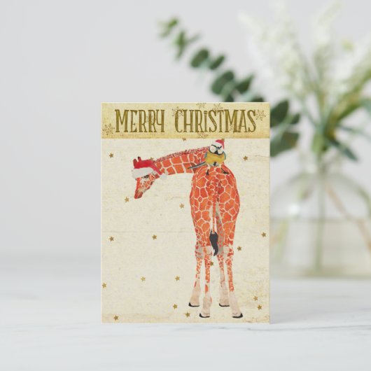 Gold Giraffe & Little Bird Christmas Postkarte (Stehend Vorderseite)