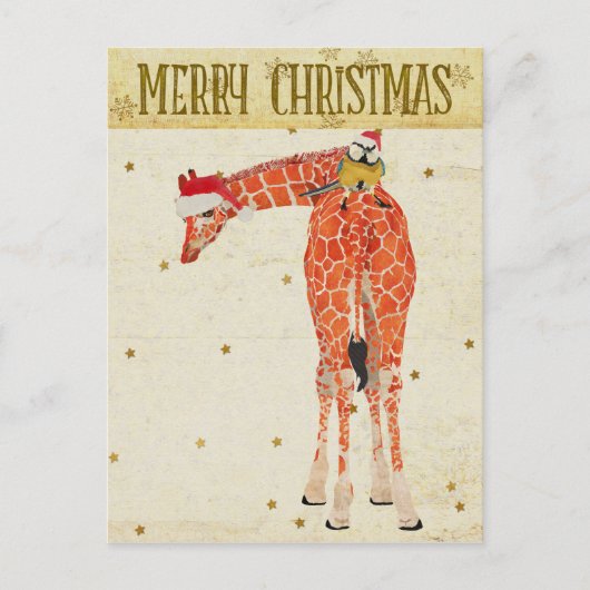 Gold Giraffe & Little Bird Christmas Postkarte (Vorderseite)