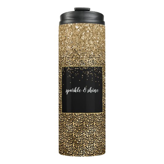 Gold Glam Black Leopard Print Imitat Glitzer Thermosbecher (Vorderseite)