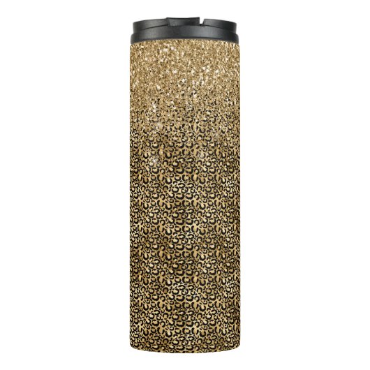 Gold Glam Black Leopard Print Imitat Glitzer Thermosbecher (Rückseite)