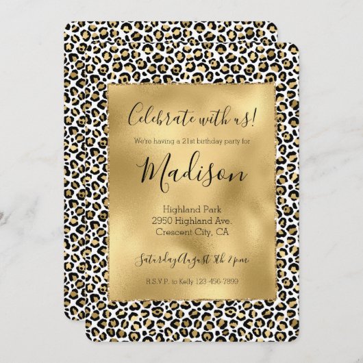 Gold Glam Black Leopard Print Sparkon Einladung (Vorne/Hinten)