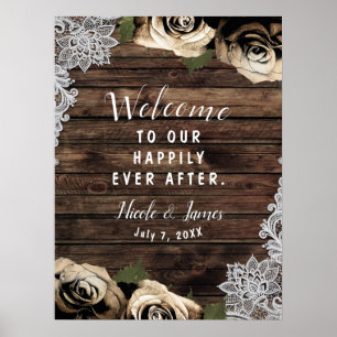 Gold Glam Blumenrosen Rustikale Holzspitze Hochzei Poster
