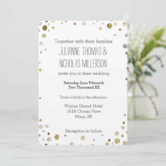 Gold Glam Bokeh Confetti Dots Wedding Einladung (Stehend Vorderseite)