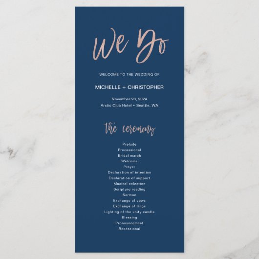 Gold Glam Chic - Hochzeitsprogramm für Navy & Rose Programm (Vorderseite)