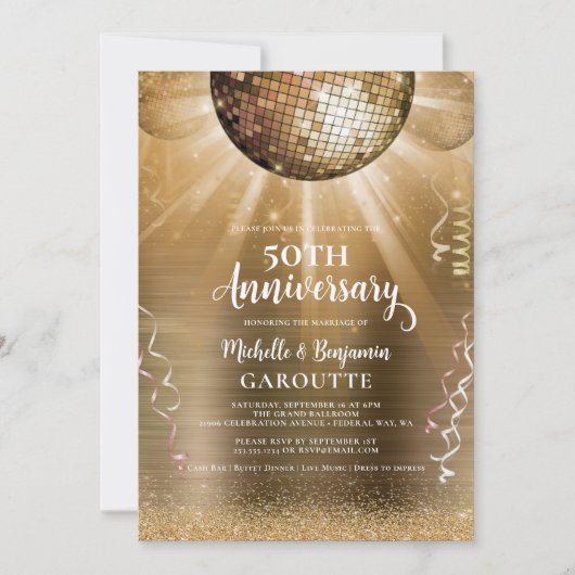 Gold Glam Disco Ball 50 Jahre Hochzeit Einladung (Vorderseite)