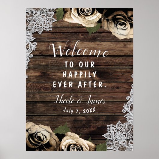 Gold Glam Floral Rose Rustikale Holzschnitzereien  Poster (Vorne)