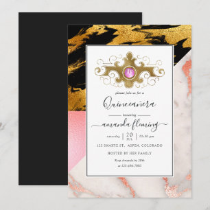 Gold Glam Glitter Marmor Monogramm Quinceañera Einladung