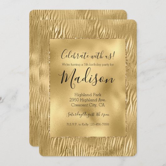 Gold Glam Glitz Zebra Print Einladung (Vorne/Hinten)