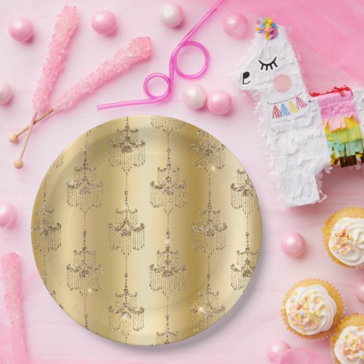 Gold Glam Glitzer Chandeliers Pappteller (Party)