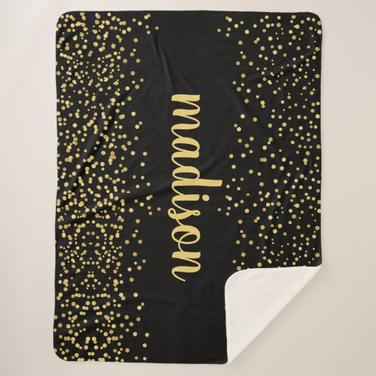 Gold Glam Glitzer Confetti | Ihr Name auf schwarz Sherpadecke (Vorderseite)