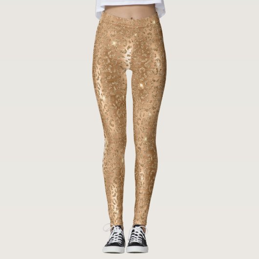 Gold Glam Glitzer Leopard Print Leggings (Vorderseite)