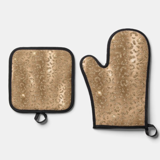 Gold Glam Glitzer Leopard Print Ofenhandschuh & Topflappen-Set (Vorderseite)