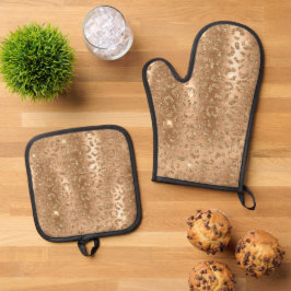 Gold Glam Glitzer Leopard Print Ofenhandschuh & Topflappen-Set