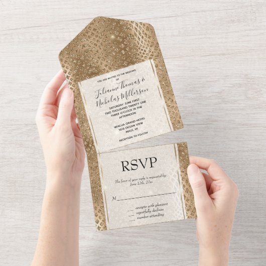 Gold Glam Glitzer Snake Skin All In One Einladung (Abreißen)