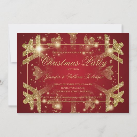 Gold Glam Glitzern Snowflake Xmas Holiday Red Einladung (Vorderseite)