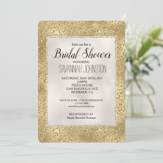 Gold Glam Glitzy Glitzer Leopard Print Bridal Einladung (Stehend Vorderseite)