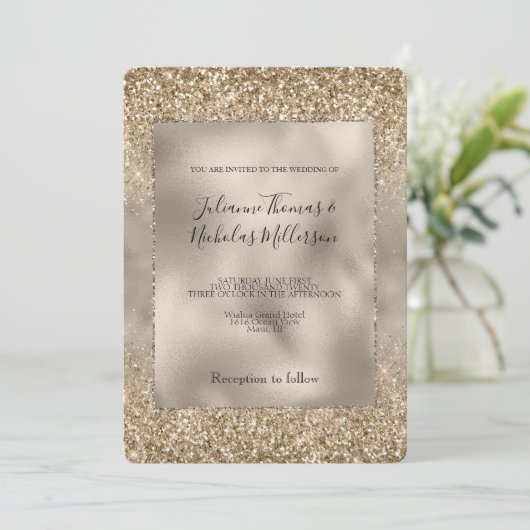 Gold Glam Glitzy Glitzer Wedding Einladung (Stehend Vorderseite)