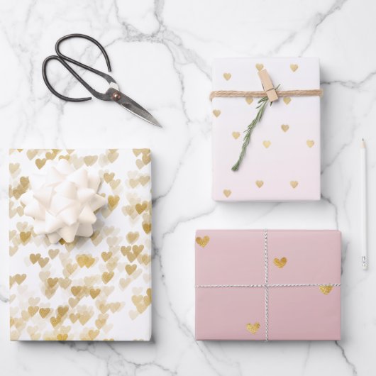 Gold Glam Hearts Confetti Sorte Geschenkpapier Set (Vorderseite)