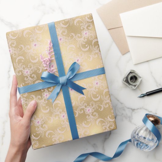 Gold Glam Hübsch Pink Floral Lace Brautparty Geschenkpapier (Schenken)