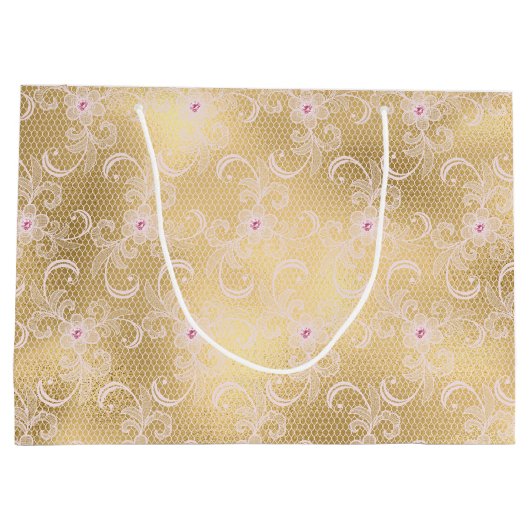 Gold Glam Hübsch Pink Lace Floral Brautparty Große Geschenktüte (Rückseite)